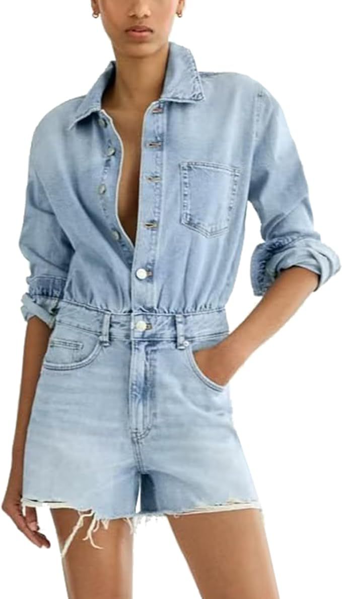 Glkaend Denim Jumpsuit for Women Long Sleeve Jean Jumpsuit High Waisted Slim Fit Button Down Long... | Amazon (US)