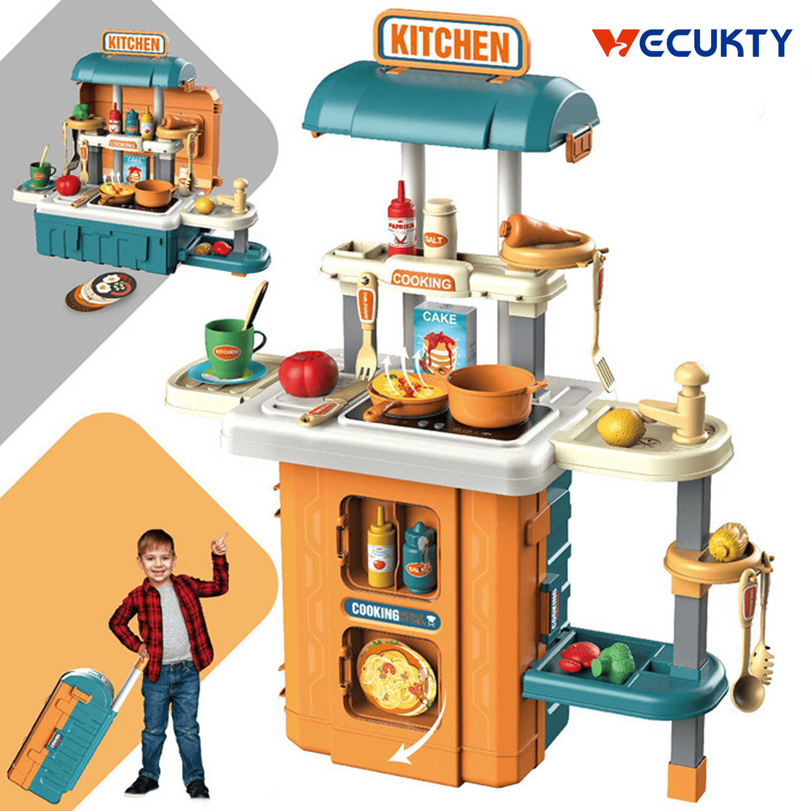 Vecukty Play Kitchen Set for Kids, Kids Pretend Play Toys with Lights and Sounds, 49Pcs Toy Kitch... | Walmart (US)