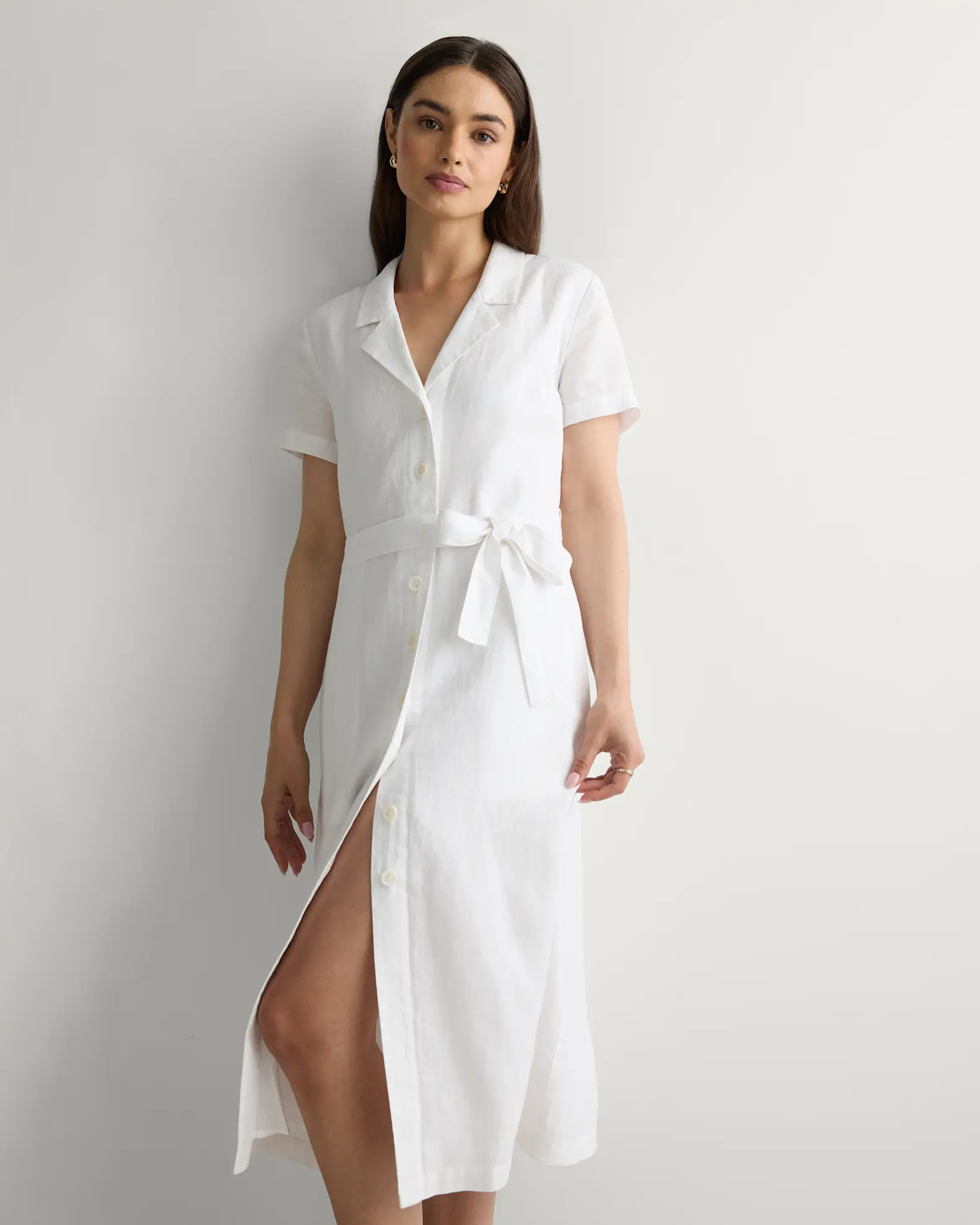100% European Linen Button Front Dress in White | Quince