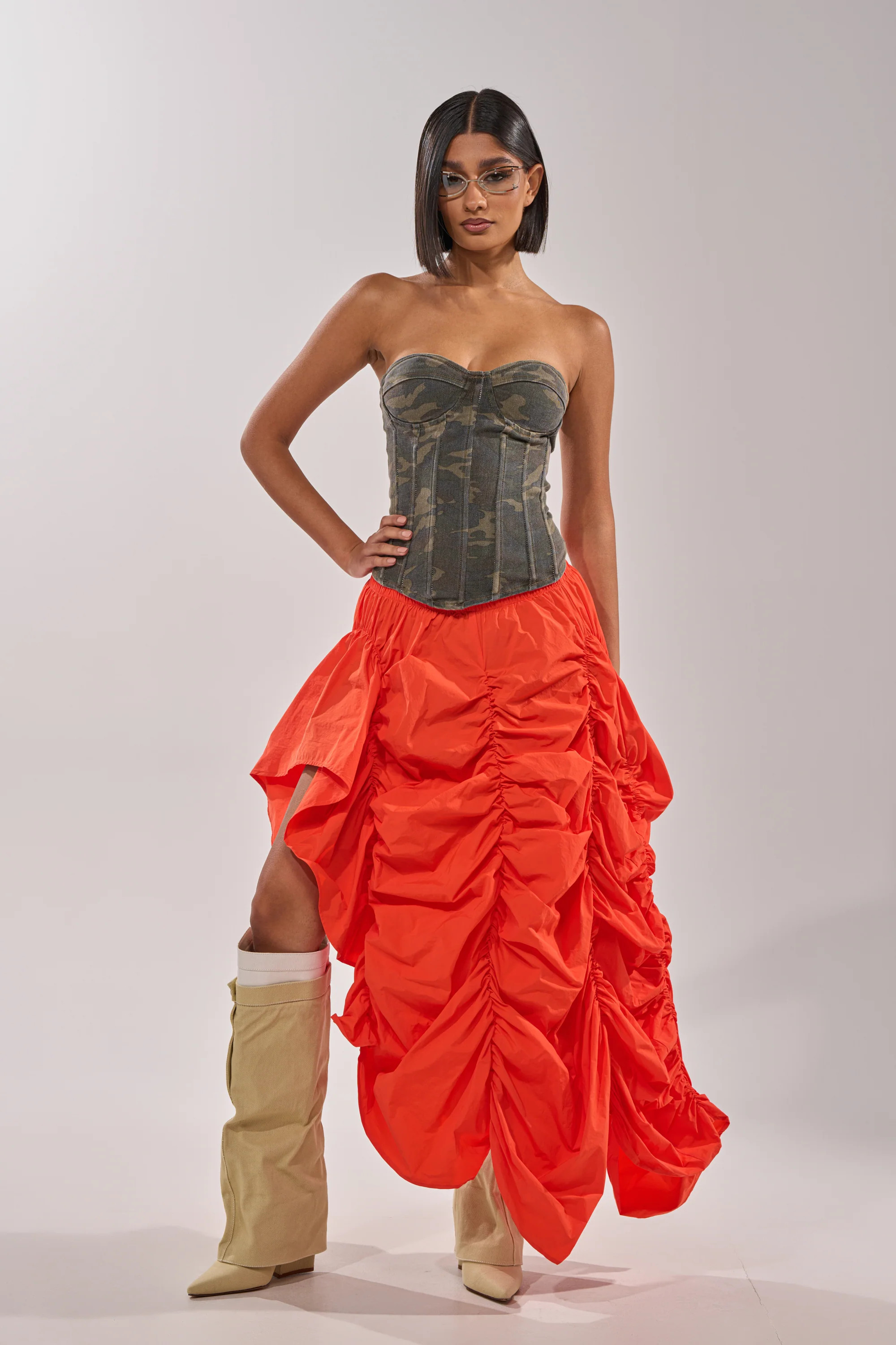 LETS CHANGE IT UP RUCHED MIDI SKIRT IN ORANGE | AKIRA