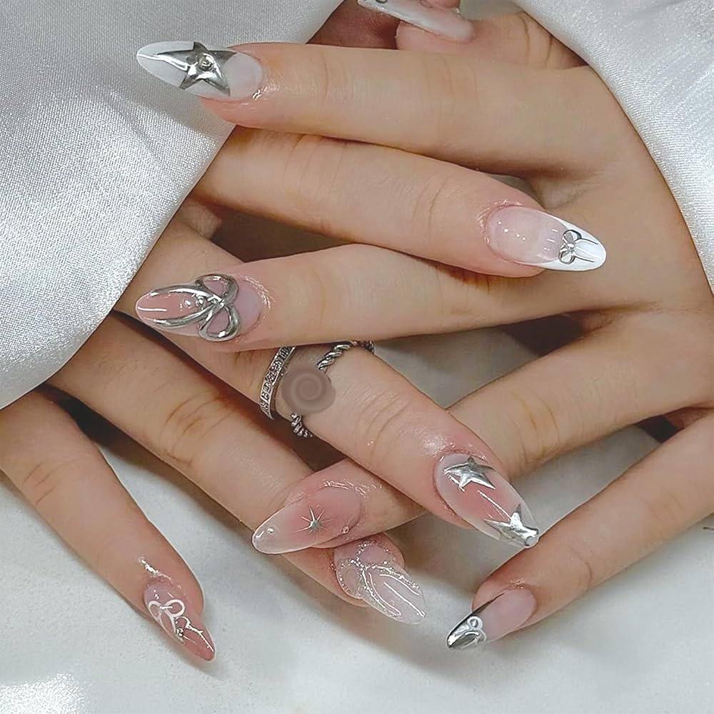 SINHOT Almond Press-on Nails - Long, Glossy 3D Silver Bow Acrylic Nail - 24 pcs with Design | Amazon (US)