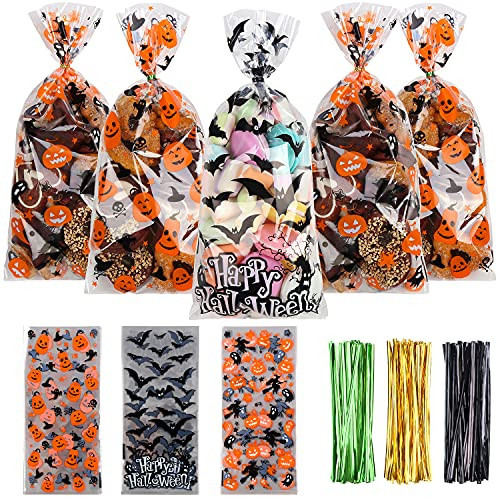 LOKIPA Halloween Cellophane Treat Candy Bags, 150 Pieces - Gift Goody Snack Sweet Bags with Twist Ties for Party Supply (3 Styles) | Amazon (US)