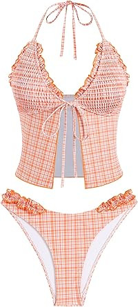 ZAFUL Tankini Swimsuits for Women Smocked Ruffles Tie Front Bowknot Textured High Cut Tanga Tanki... | Amazon (US)