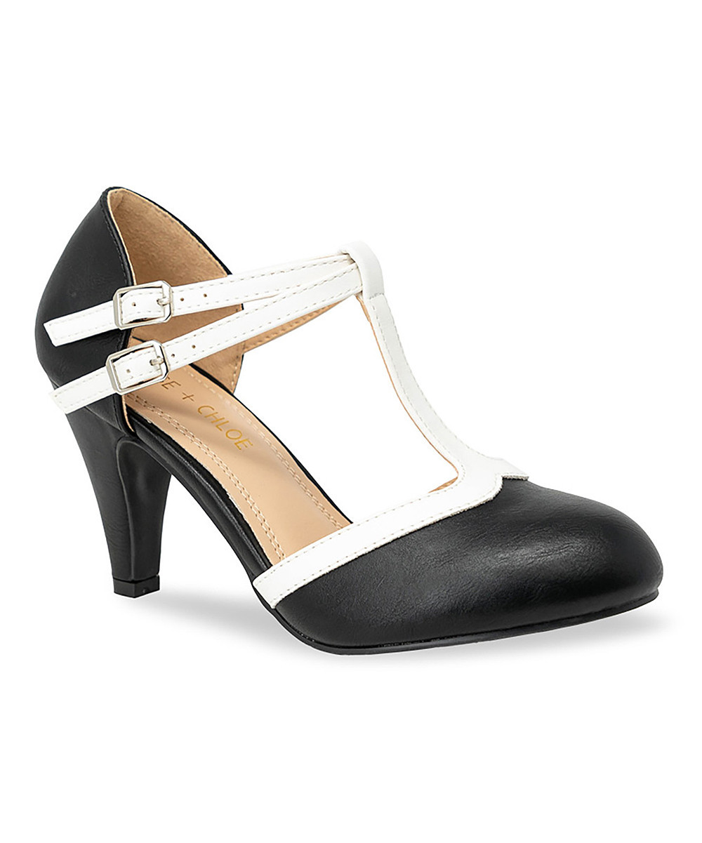 Chase & Chloe Women's Pumps BLACK/WHITE - Black & White Double T-Strap Kimmy Pump - Women | Zulily