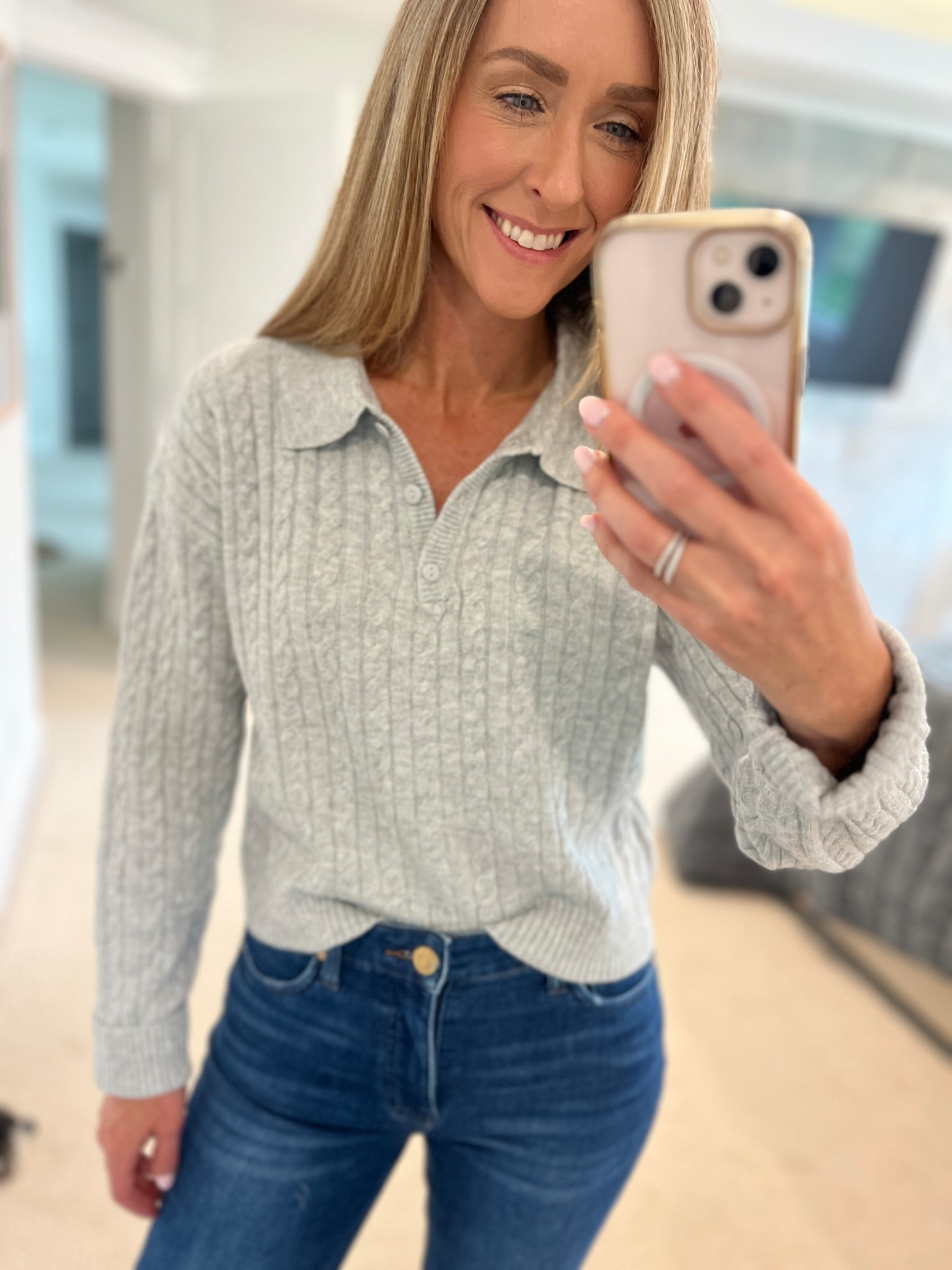 Cable knit polo sweater. Wearing XS. 

#LTKFindsUnder50 #LTKOver40 #LTKStyleTip
