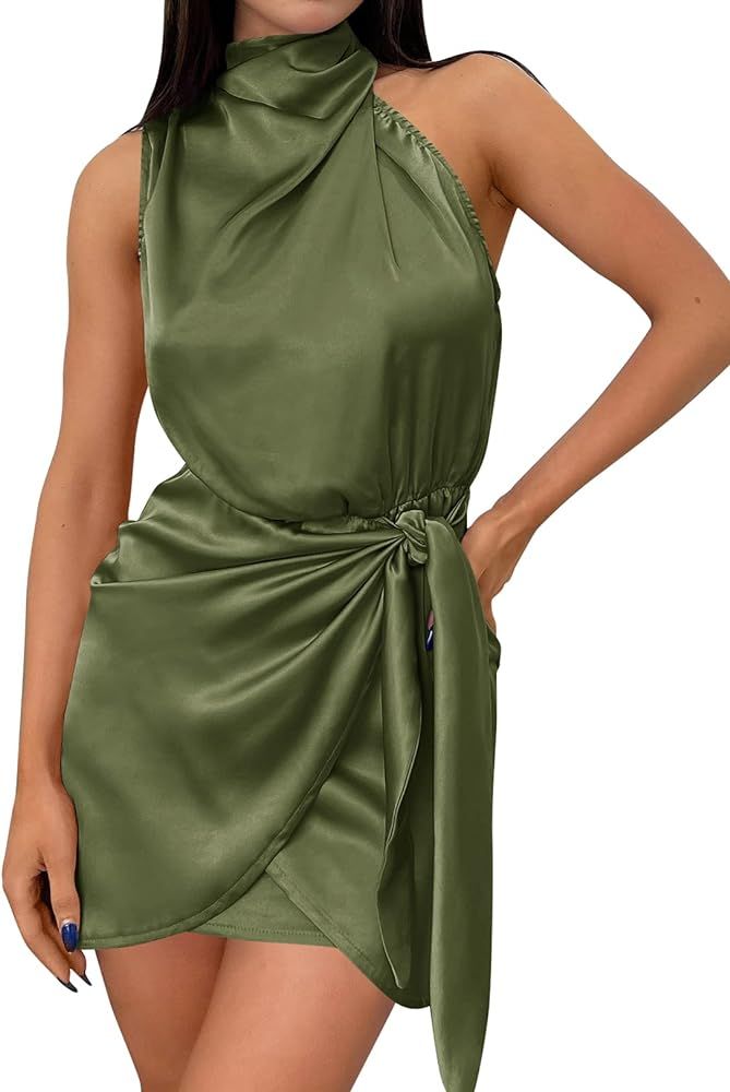 ZESICA Women's 2024 Fashion Satin Sleeveless Halter Neck Tie Waist Wrap Bodycon Cocktail Party Mi... | Amazon (US)
