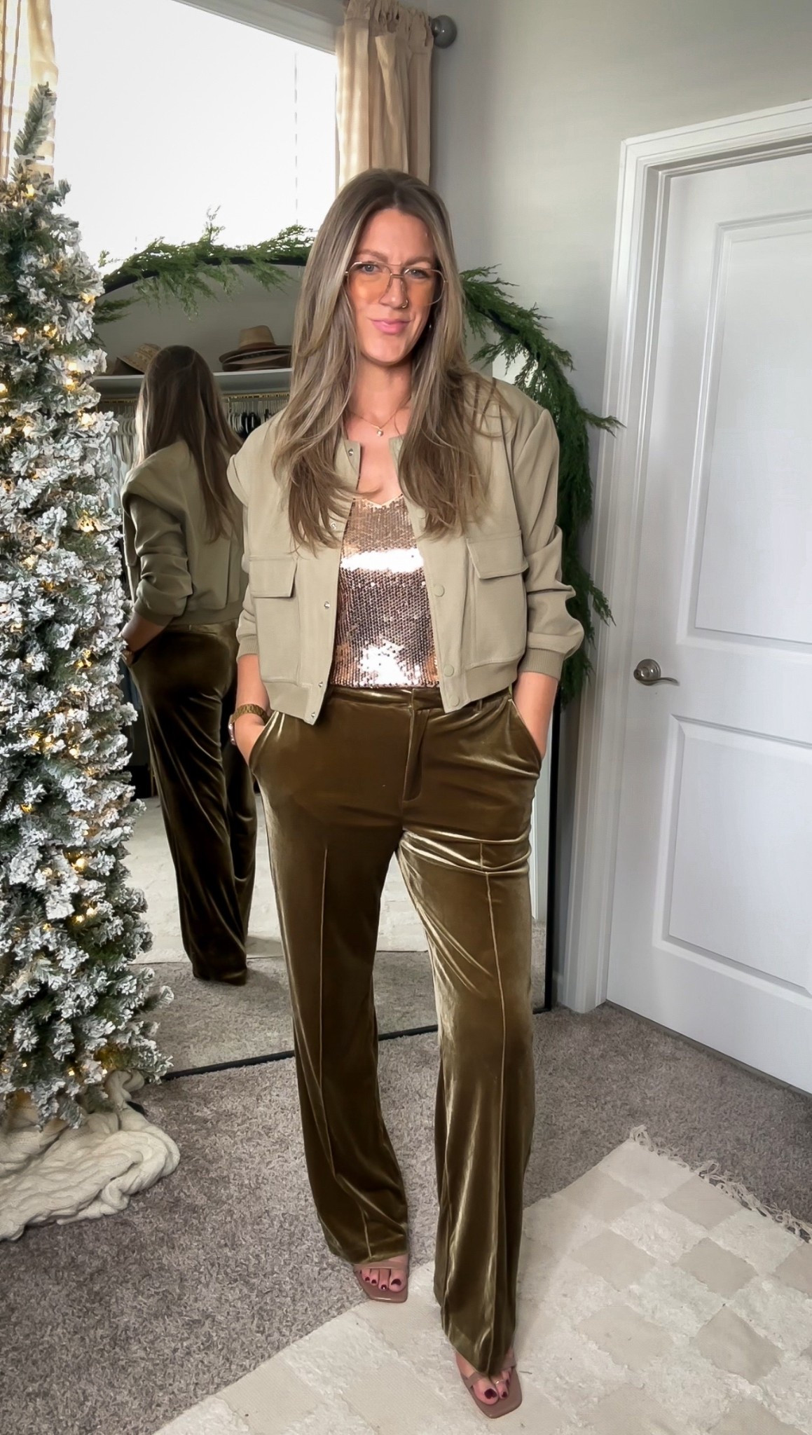 Large jacket, large sequin tank, 10 pants 

#LTKHoliday #LTKOver40 #LTKTall