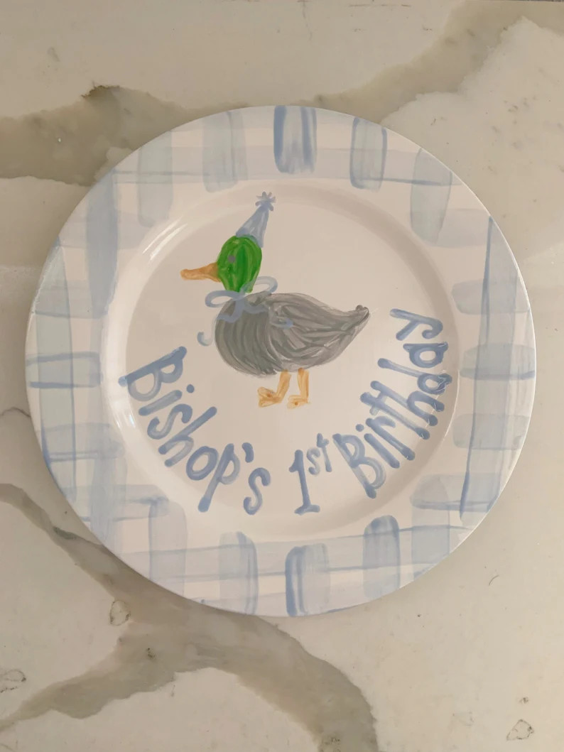 Duck Boys Preppy Birthday Plate // Blue Gingham Ribbon // First 1st Birthday // Blue and White //... | Etsy (US)