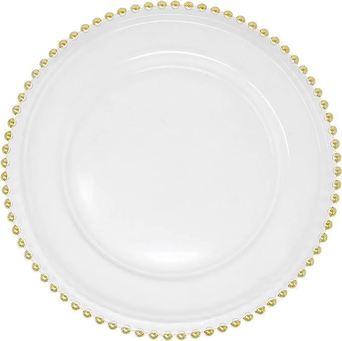 Clear Glass Charger 12.6 Inch Dinner Plate With Beaded Rim - Set of 4 - Gold | Amazon (US)