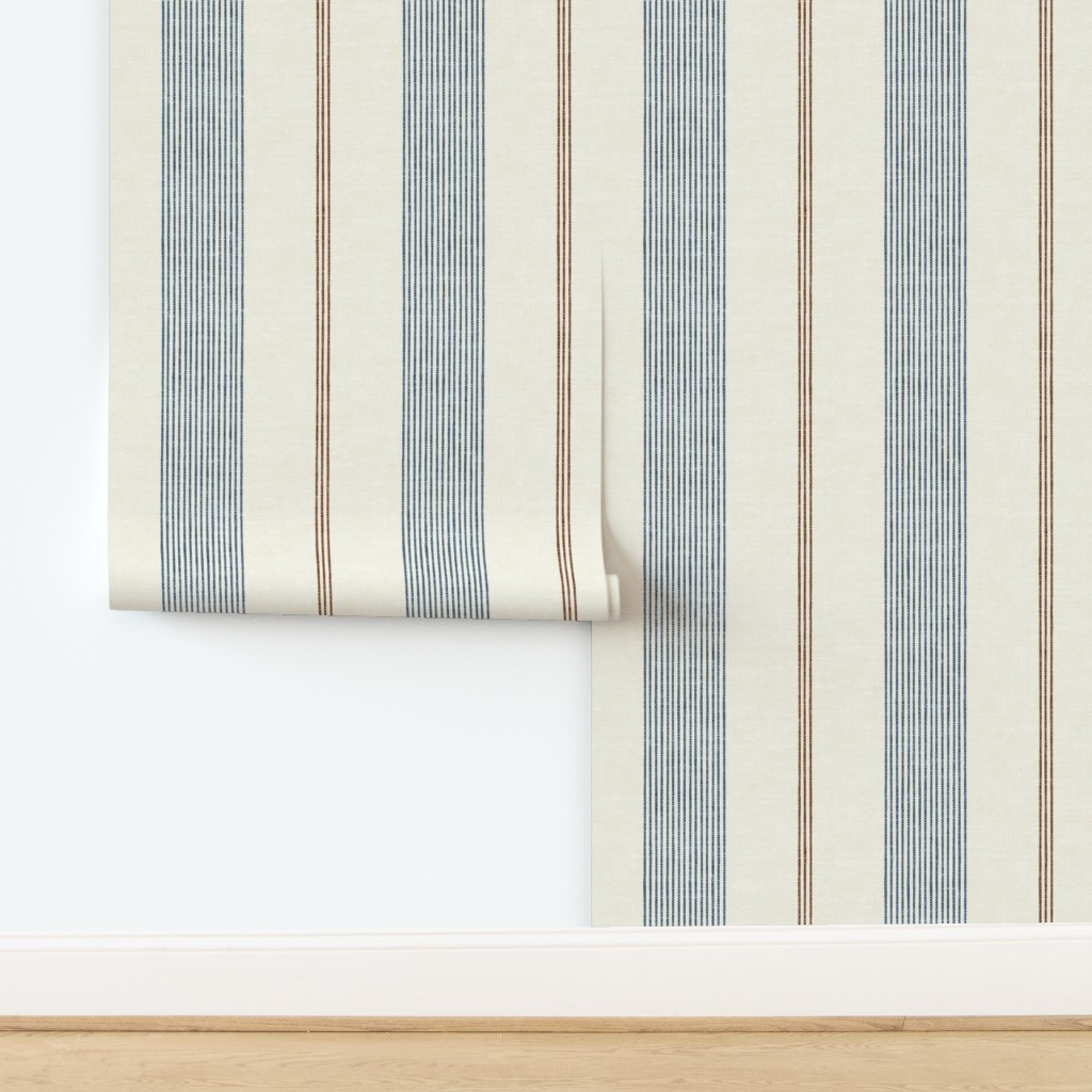 Wallpaper in (large scale) Ivy Stripes - Vertical Dark Blue/Brown on Cream - LAD22 | Spoonflower