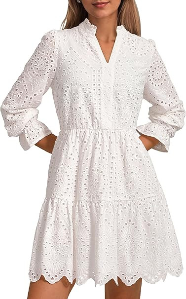 PRETTYGARDEN Women's Spring 2025 Long Puff Sleeve Mini Dress Hollow Out Lace V Neck A Line Ruffle... | Amazon (US)