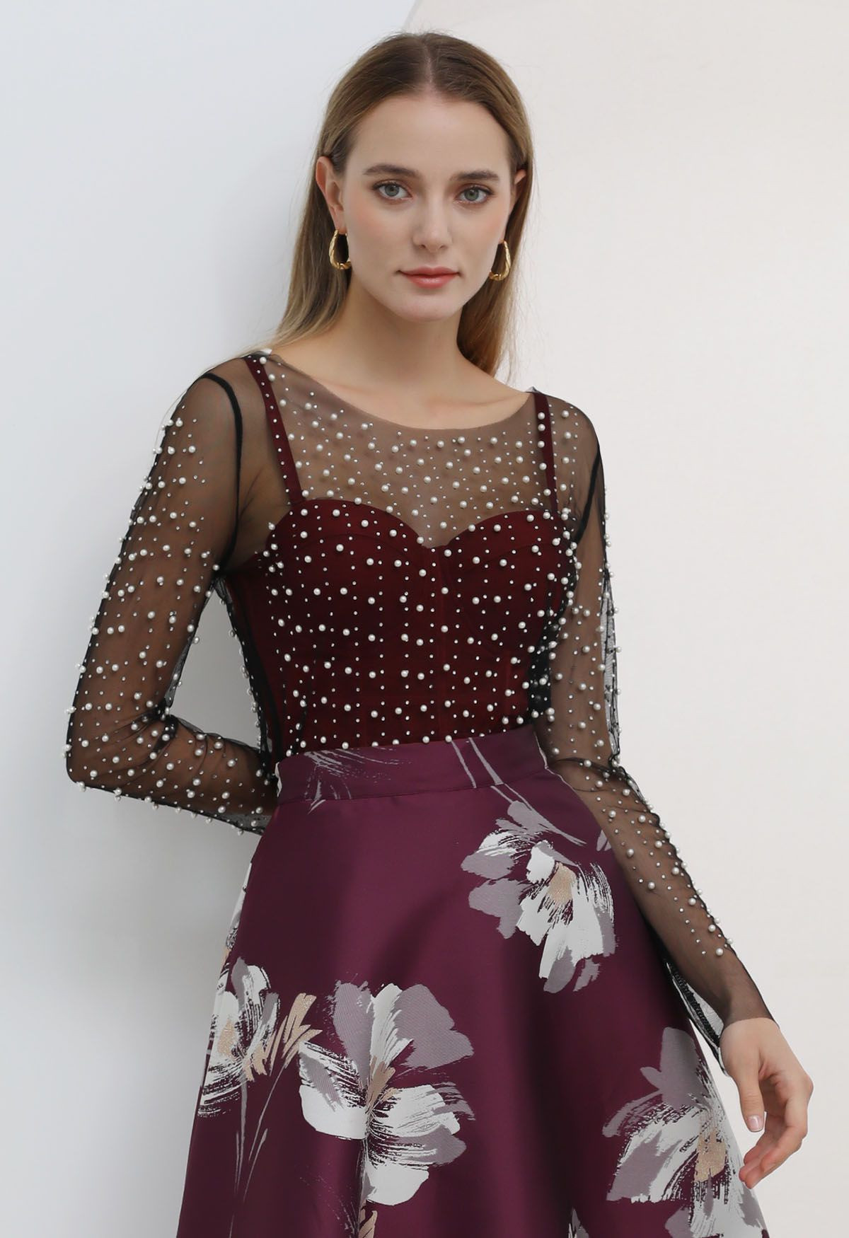 Full Pearl Embellished Sheer Mesh Top in Black | Chicwish