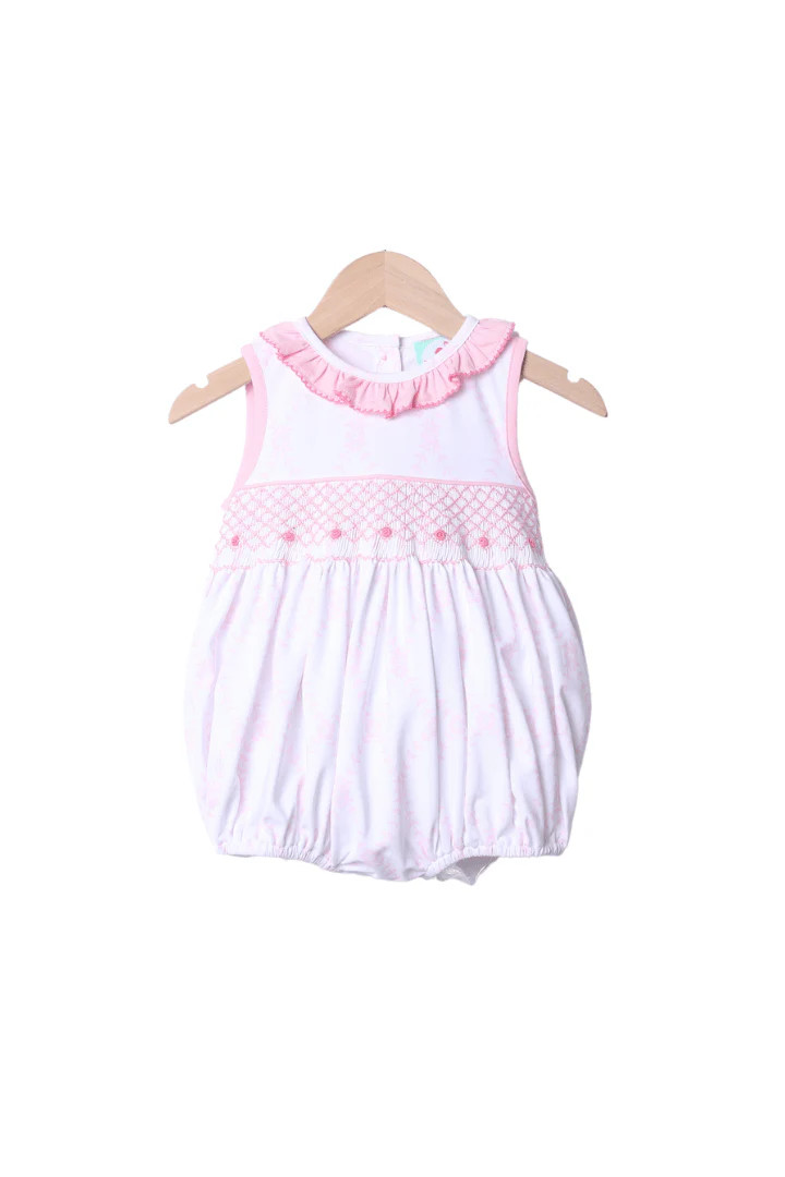 Smocked White and Pink Heirloom Trellis Bubble | The Smocked Flamingo