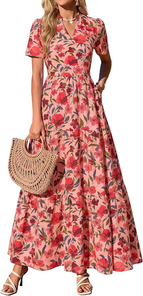 KIRUNDO Maxi Dresses for Women Summer 2026 Casual Short Sleeve V Neck Boho Flowy A Line Smocked F... | Amazon (US)