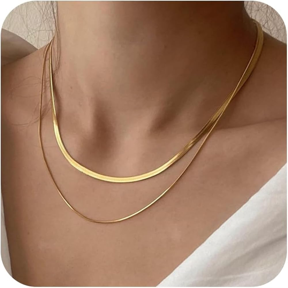Tewiky Herringbone Necklace for Women Dainty 14k Gold Snake Chain Necklace Layered Gold Herringbo... | Amazon (US)