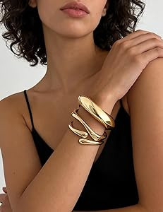 Chunky Gold Bangle Bracelets for Women, Dainty 14k Gold Plated Big Stackable Bangles Set, Trendy ... | Amazon (US)