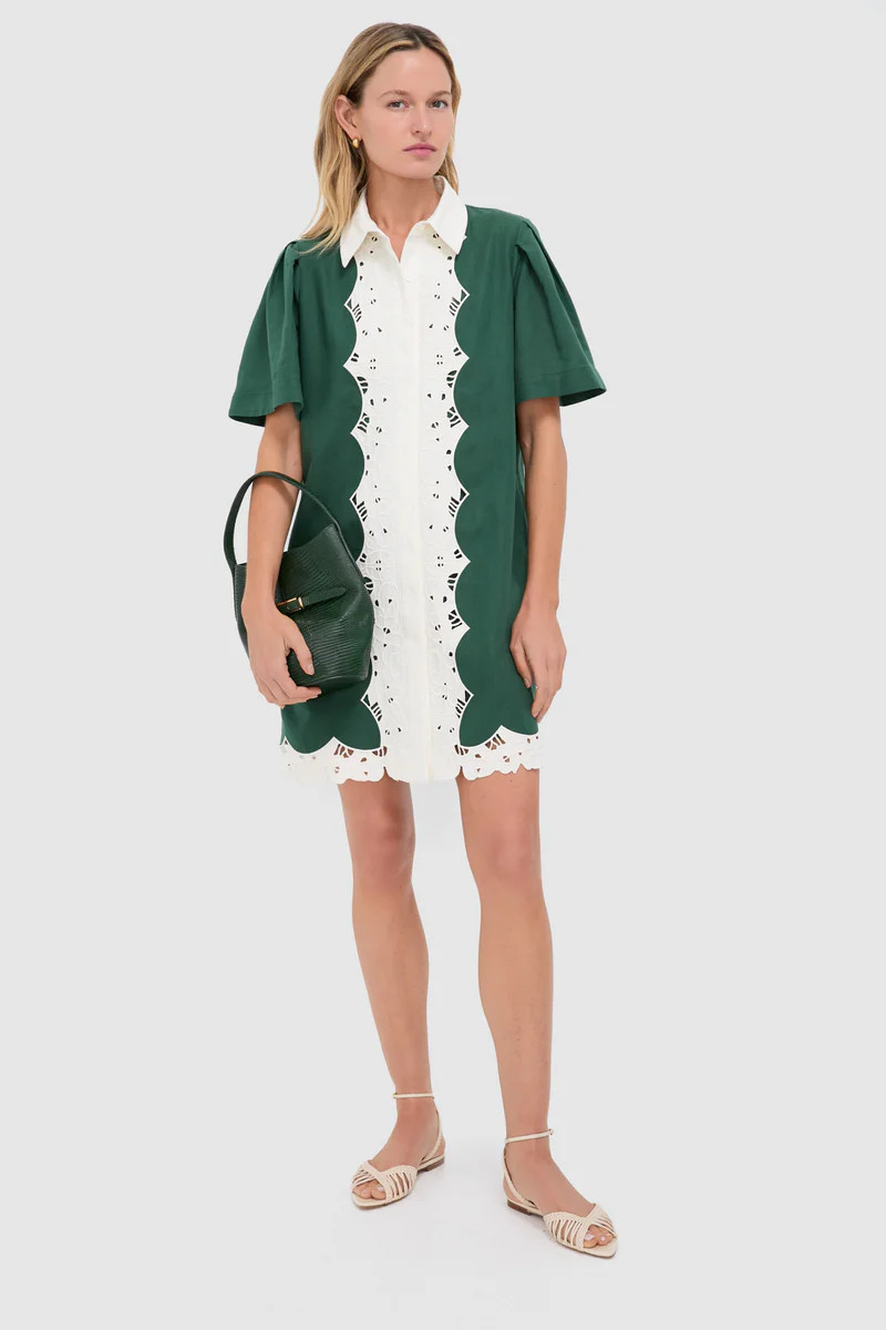 Dark Green Eyelet Trim Cotton Linen Delilah Dress | Tuckernuck (US)