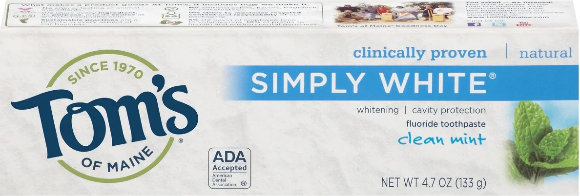 Tom's of Maine Natural Simply White Fluoride Toothpaste Clean Mint 4.70 oz (Pack of 2) | Walmart (US)