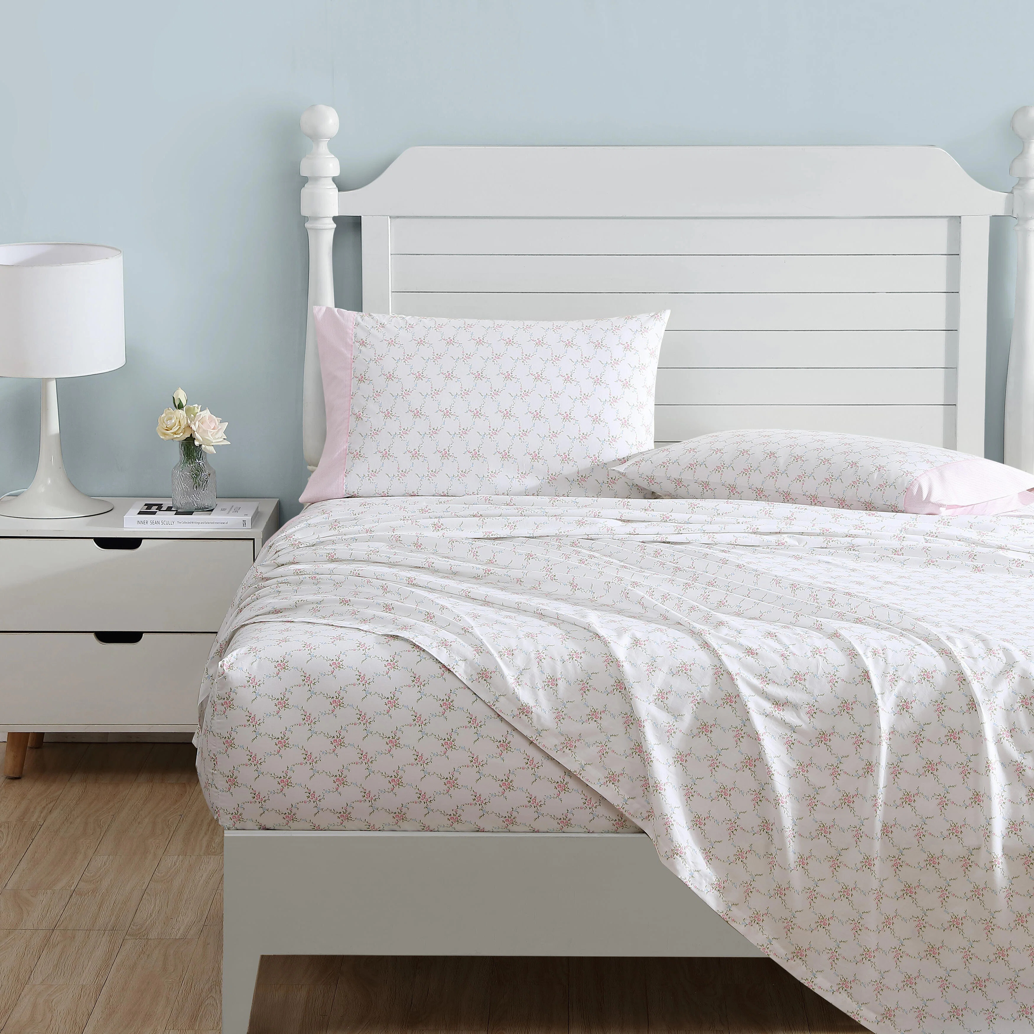 Laura Ashley Lynda Cotton Printed Hem Pink Full Sheet Set | Wayfair North America