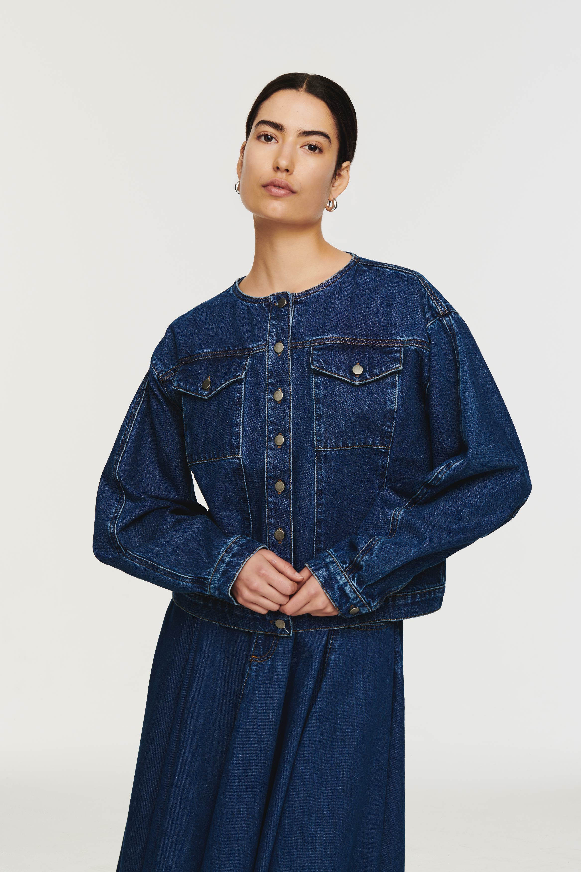Moto | Collarless Denim Jacket in Mid Blue | ALIGNE | ALIGNE UK & EU