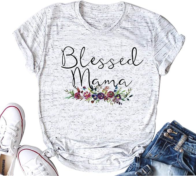 YUYUEYUE Women's Blessed Mama Letters T Shirt Short Sleeve Tops Tee | Amazon (US)