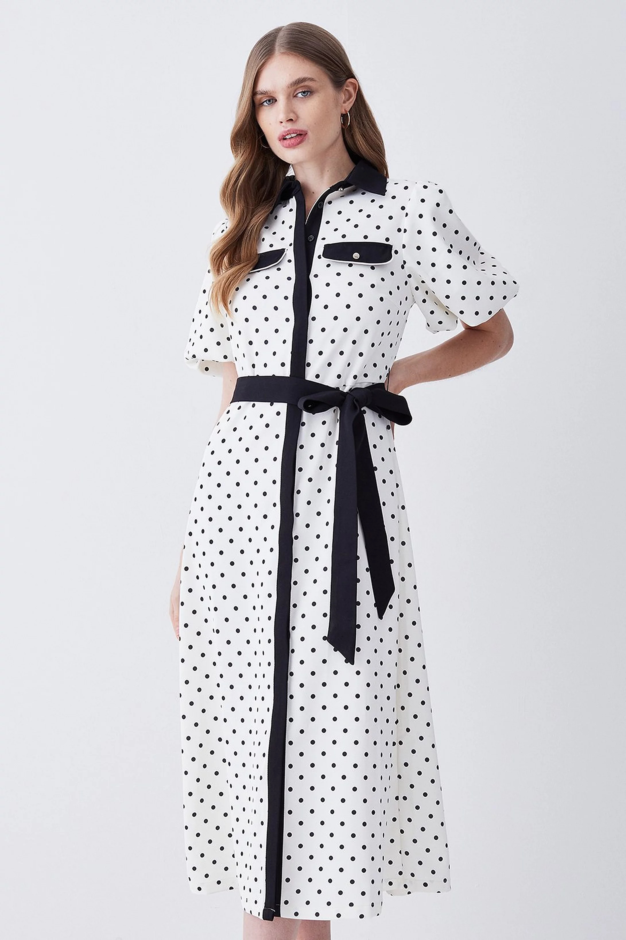 Pin Dot Twill Belted Midi Dress | Karen Millen UK + IE + DE + NL