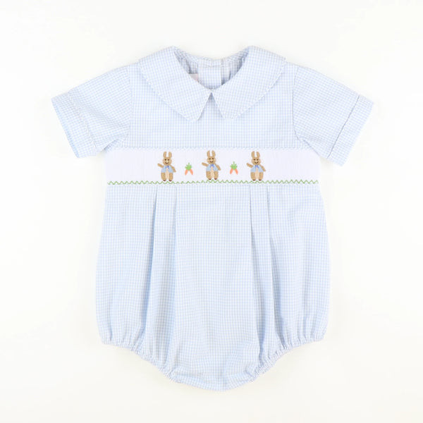 Smocked Classic Storybook Rabbit Collared Boy Bubble - Light Blue Mini Check Seersucker | Southern Smocked Co.