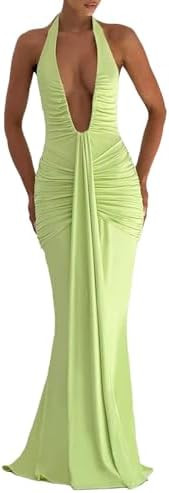 ABYOVRT Women Deep V Neck Ruched Maxi Dress Sleeveless Halter Gown Cocktail Evening Formal Dresse... | Amazon (US)