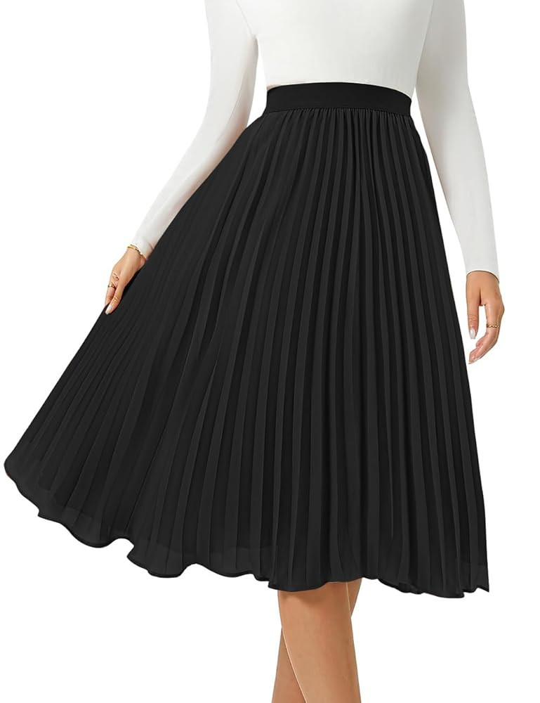 Women's Midi Skirt Elastic High Waist Pleated Skirt Knee Length Swing A-Line Casual Flowy Skirts ... | Amazon (US)