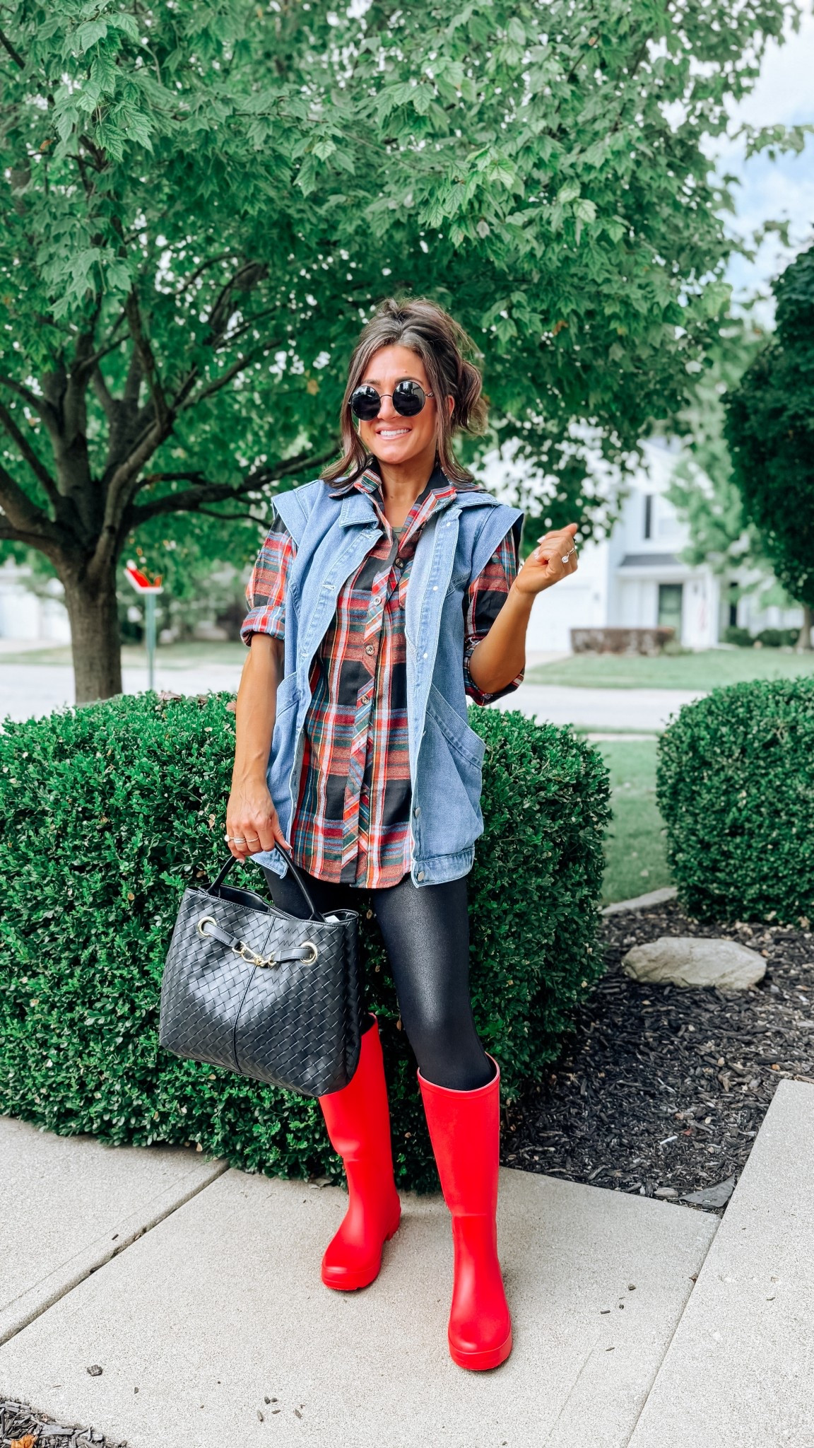 Fall outfit ❤️ love these red rain boots-they look just like a much more expensive brand! TTS in all. The faux leather leggings are tall girl friendly 👍 

#LTKStyleTip #LTKSeasonal #LTKFindsUnder50