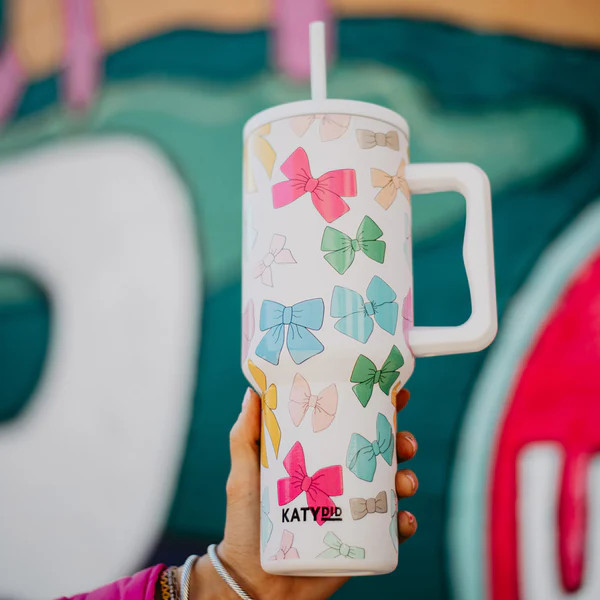 Multicolored Coquette Bows 38 Oz Tumbler w/ Handle | Katydid.com