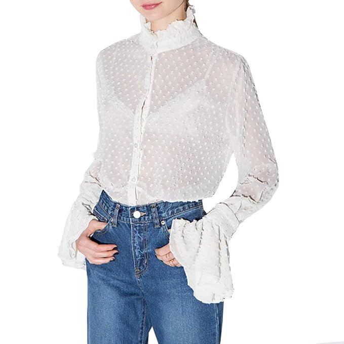 IRISIE Women Flare Long Sleeve Stand Collar Button Down Sheer Lace Top Blouse | Amazon (US)