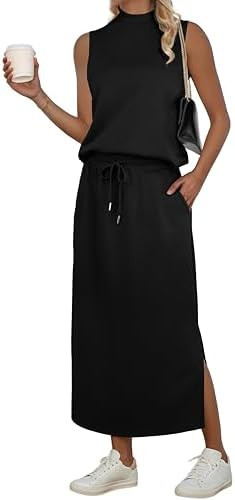 GRECERELLE Two Piece Skirt Sets for Women Sleeveless Mock Neck Top Split Maxi Skirt Vacation Trav... | Amazon (US)