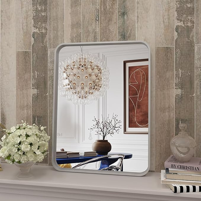 CHARMOR 16x20 Inch Brushed Nickel Bathroom Mirror, Rounded Rectangle Silver Metal Frame Mirror, S... | Amazon (US)