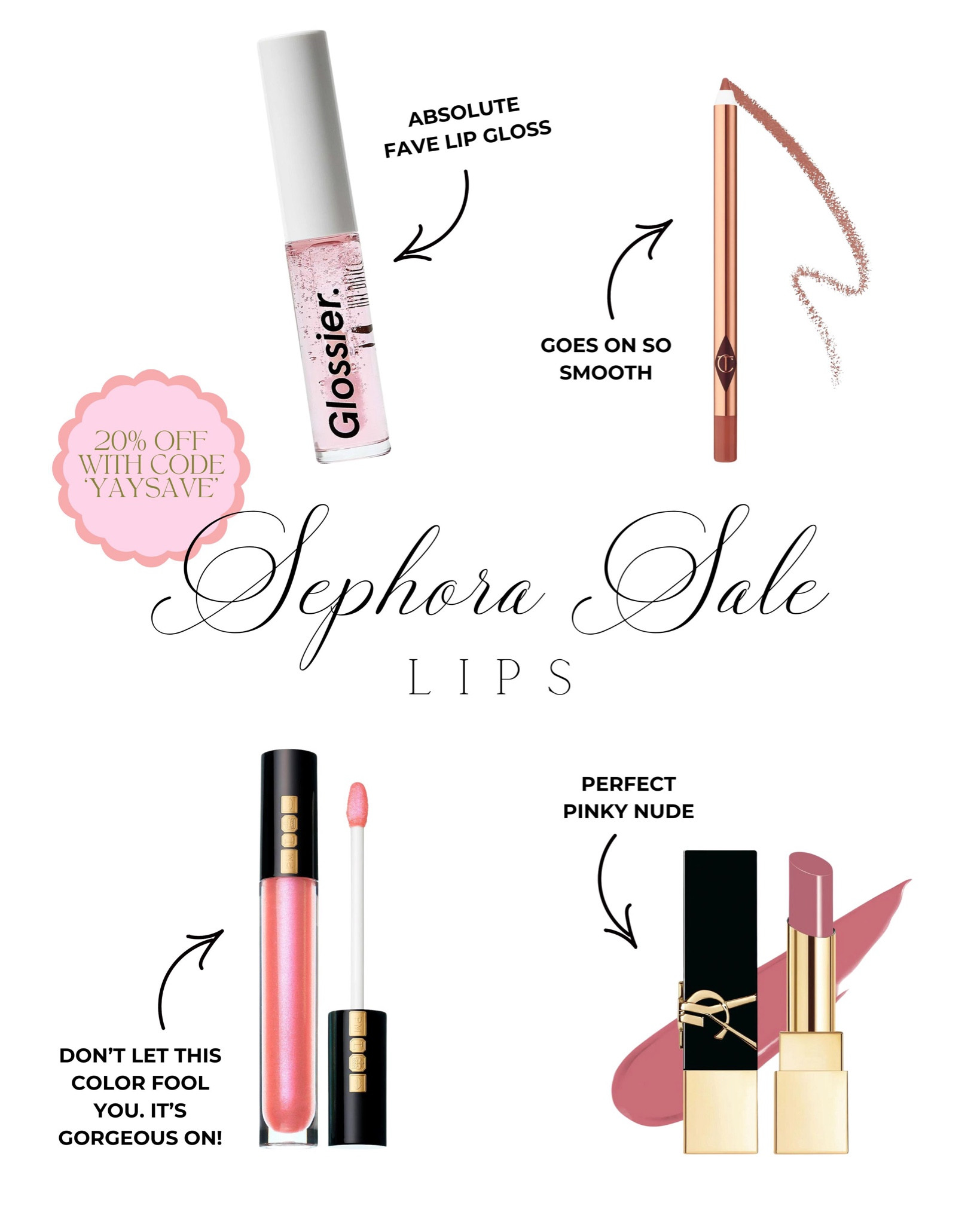These are the lip products I use on a consistent basis and get a lot of compliments!

Shades I use:
-CT Lip Liner: Supersize me
-Pat McGrath lip gloss: Pale Fire Nectar (this is GORGEOUS on!!)
-YSL: 44

Spring 2024 Sephora Spring Savings Event

#LTKxSephora #LTKbeauty #LTKfindsunder50