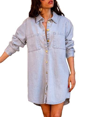 Fiona Jolin Womens Denim Jackets 2026 Casual Long Sleeve Button Down Jean Jackets with Pockets Vacation Loose Tops (LightBlue-XS) | Amazon (US)