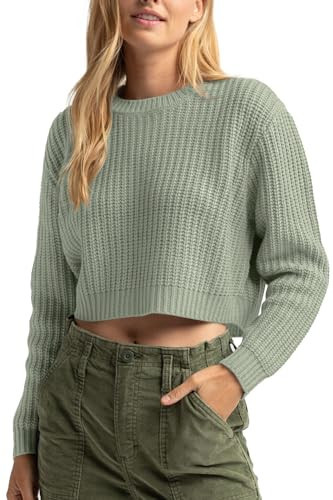 Crop Sweater for Women Crew Neck Long Sleeve Knit Casual Soft Winter Cropped Pullover Sweater Top Off Green XS | Amazon (US)