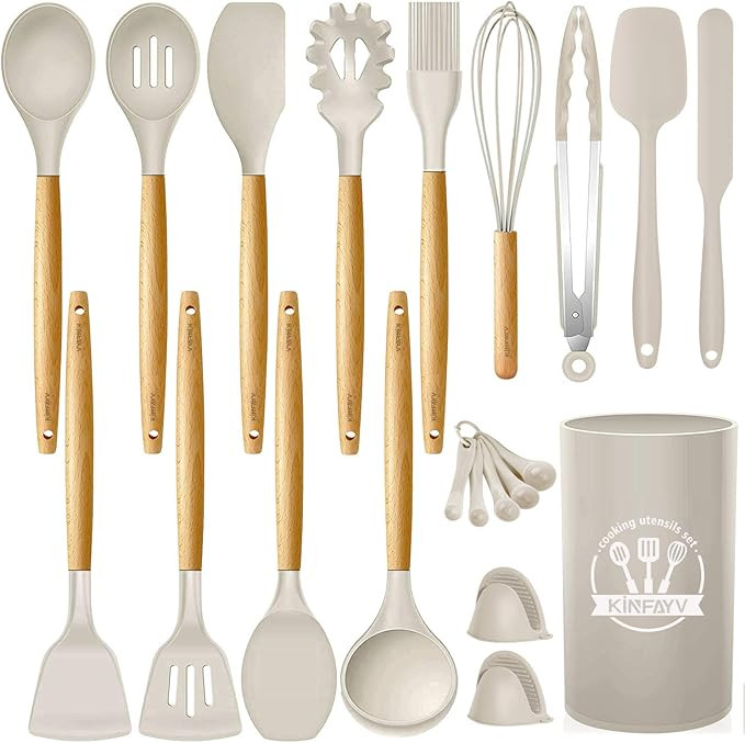 Kinfayv Silicone Cooking Utensils Kitchen Utensil Set, 21 PCS Wooden Handle Nontoxic BPA Free Sil... | Amazon (US)