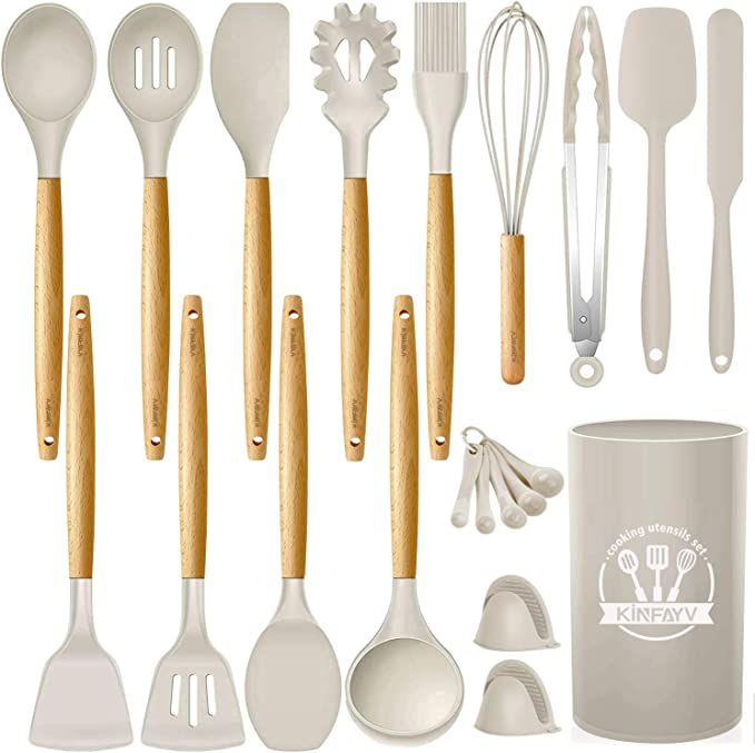 Kinfayv Silicone Cooking Utensils Kitchen Utensil Set, 21 PCS Wooden Handle Nontoxic BPA Free Sil... | Amazon (US)