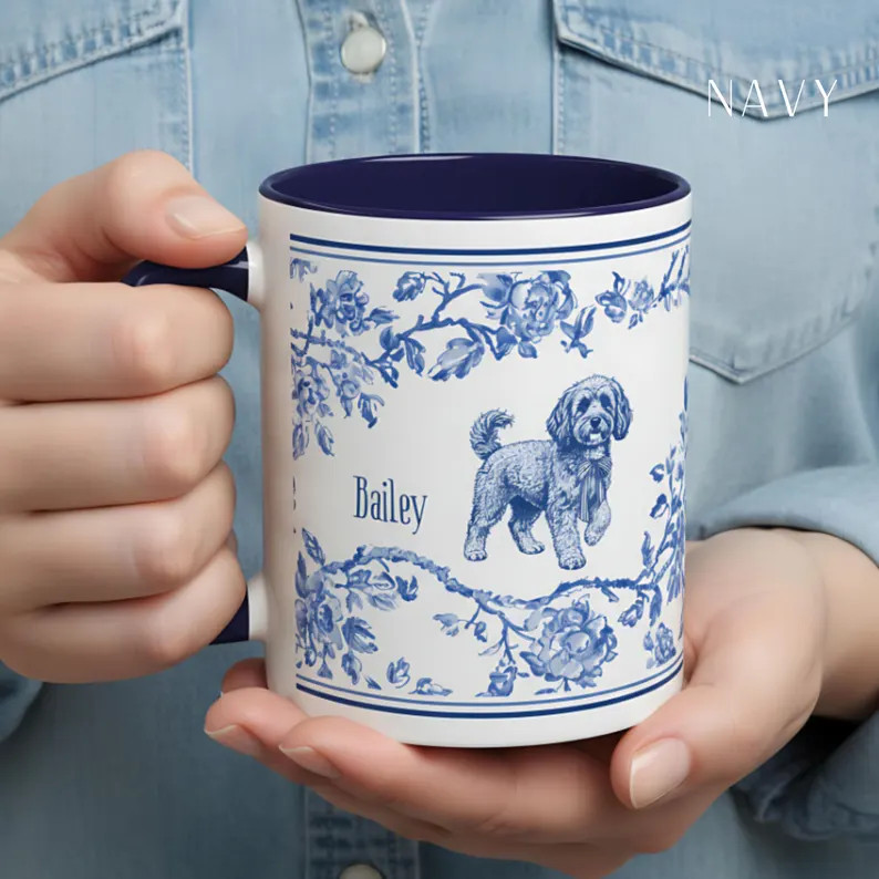 Cavapoo Toile De Jouy Mug, French Blue Toile Cavapoo Gift, Dog Lover Ceramic Coffee Cup, Dog Gift... | Etsy (Global)