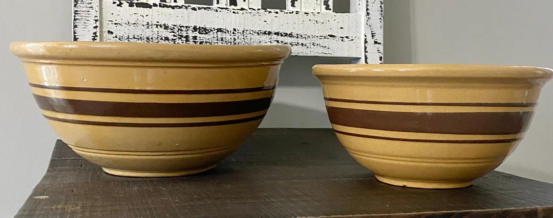 19th Century Farm House Dark Mustard Yellow Ware Batter Bowl Set of Two | Etsy (US)