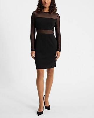 Mesh Crew Neck Long Sleeve Mini Sheath Dress | Express