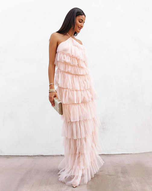 Pandora Tulle Tiered Halter Maxi Dress - Blush | VICI