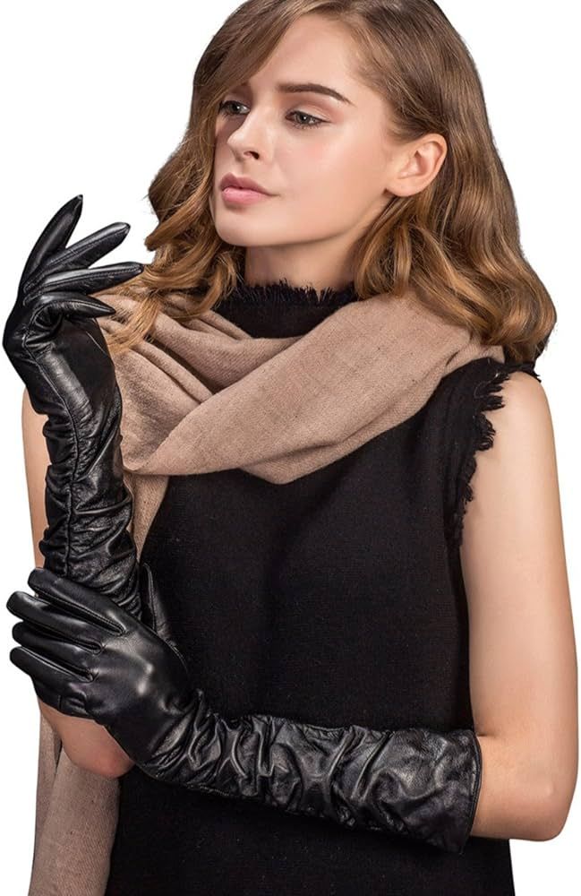 YISEVEN Women’s Long Leather Gloves Opera Length Touchscreen with Pleat Detail | Amazon (US)