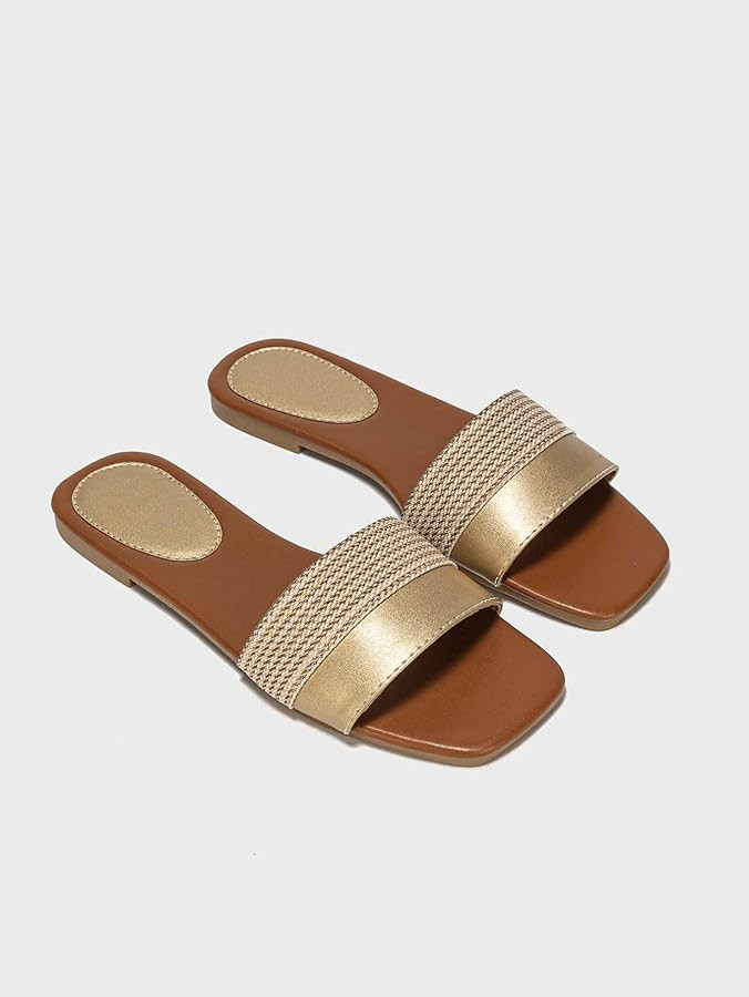 Verdusa Women's Metallic Square Toe Flat Sandals Leather Slides Outdoor Sandals | Amazon (US)