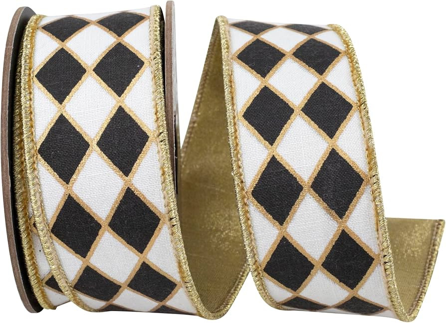 Ribbon - Diamond Elite Metallic Outline Deluxe Wired Edge Ribbon, Black/White, 1-1/2 Inch, 5 Yard... | Amazon (US)