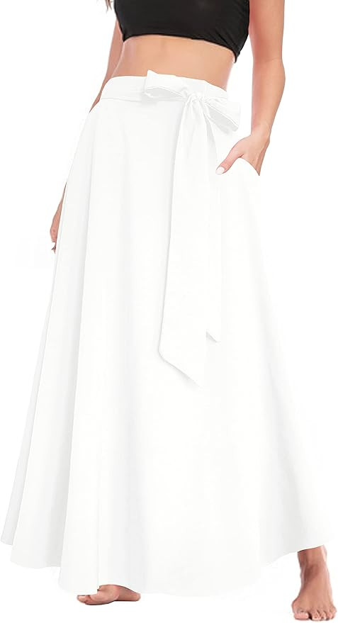 Afibi Women's High Waist Skirt Tie Front A-Line Flowy Long Maxi Skirts with Pockets | Amazon (US)