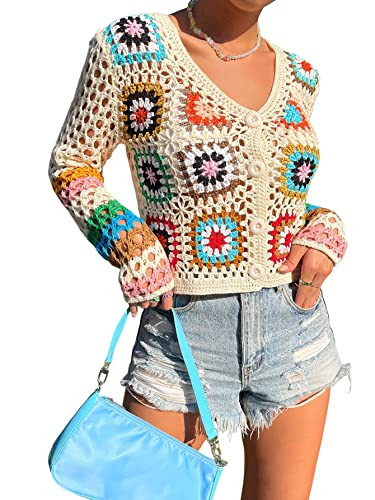 SHENHE Women's Floral Crochet Cardigan Hollow Out V Neck Button Down Long Sleeve Cropped Sweater Multicolor L | Amazon (US)