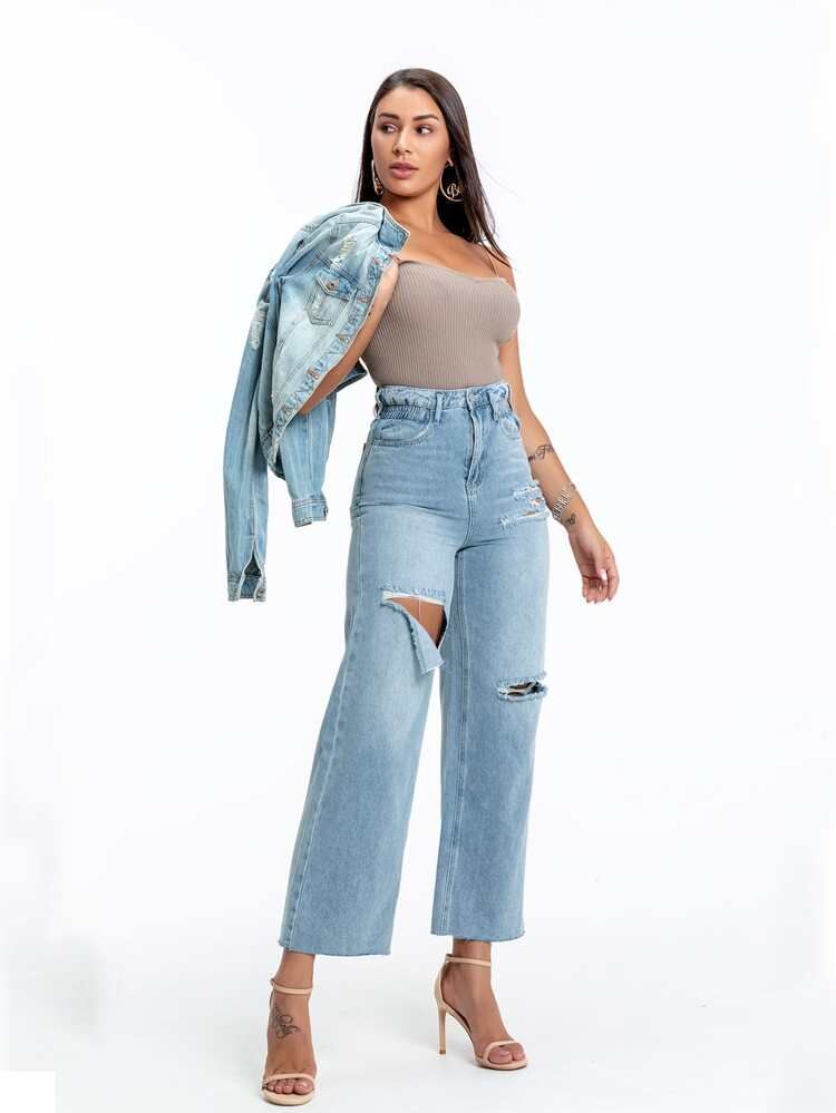 High Waisted Ripped Detail Palazzo Jeans | SHEIN