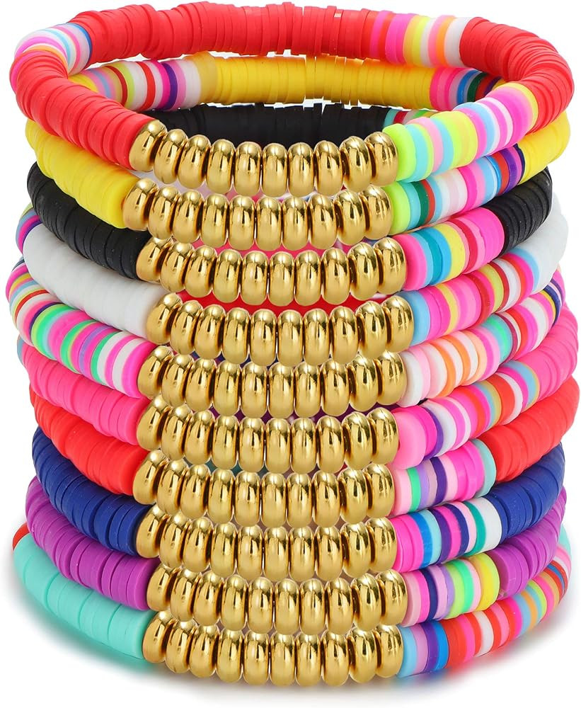 LOLIAS 10 Pcs Surfer Heishi Bracelets for Women Boho Colorful Rainbow Vinyl Disc Beaded Stretch Y... | Amazon (US)